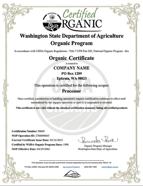 USA Washington organic certificate of company Word and PDF template